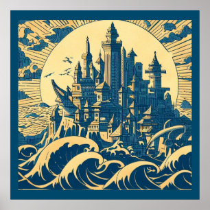 Póster Ciudad de Atlantis 3 - Estilo Woodblock