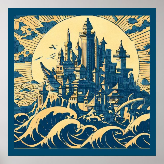 Póster Ciudad de Atlantis 3 - Estilo Woodblock (Frente)