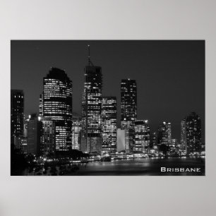 Póster Ciudad de Brisbane, noche - Poster blanco y negro