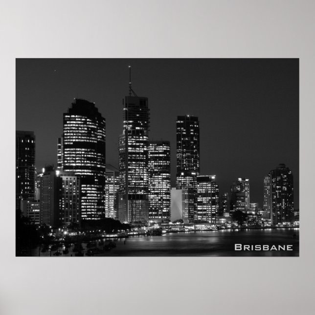 Póster Ciudad de Brisbane, noche - Poster blanco y negro (Frente)