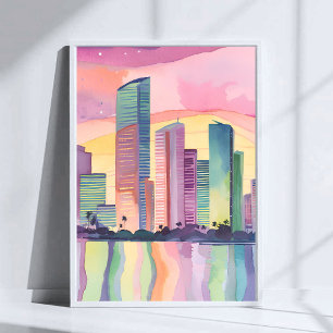 Póster Ciudad de Color   Miami Florida Acuarela Skyline