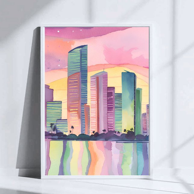 Póster Ciudad de Color | Miami Florida Acuarela Skyline (Subido por el creador)
