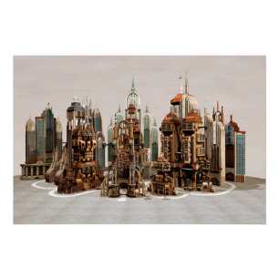 Póster Ciudad de fantasía futurista Arte de horizonte de