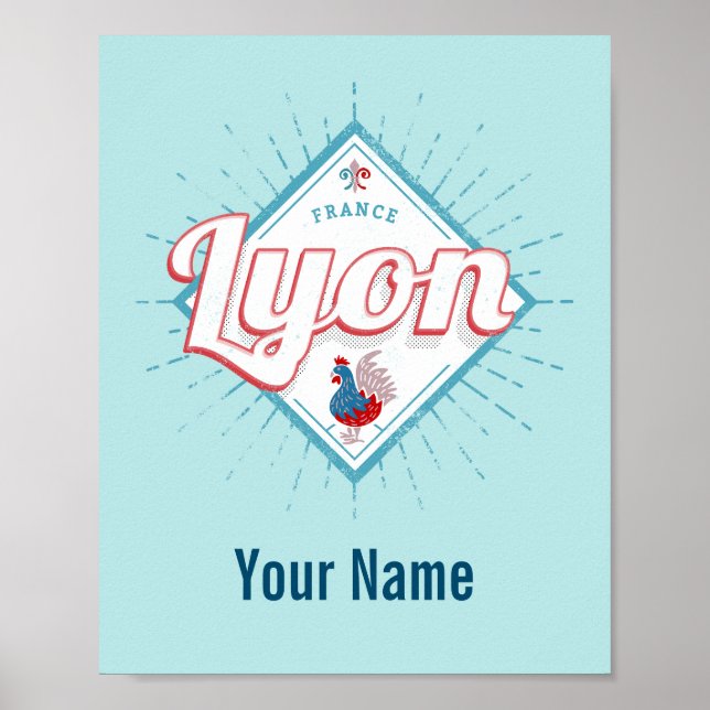 Póster Ciudad de Lyon Francia retro rooster recuerdo vint (Frente)