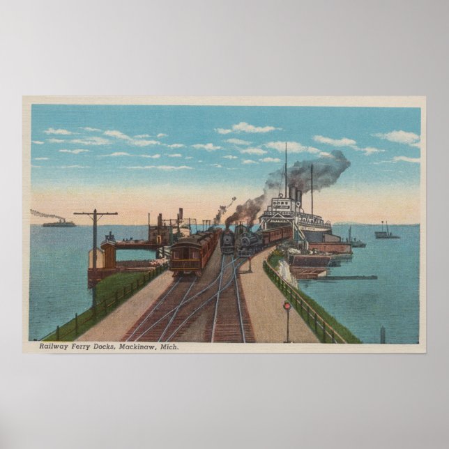 Póster Ciudad de Mackinaw, MI - Vista de los puertos de f (Frente)