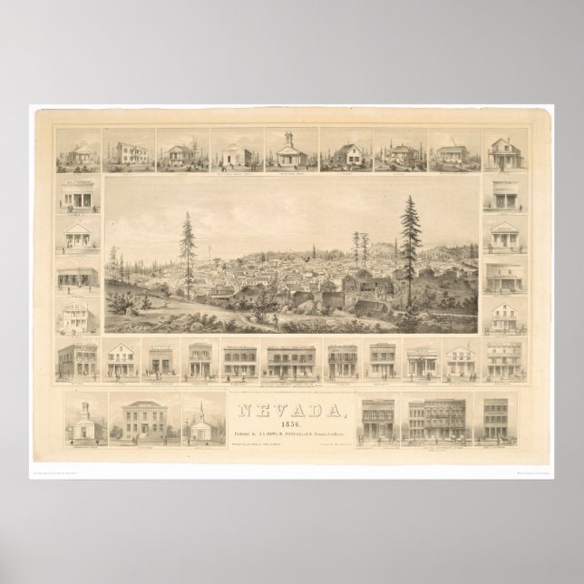Póster Ciudad de Nevada, CA. Mapa panorámico 1856 (1184A) (Frente)
