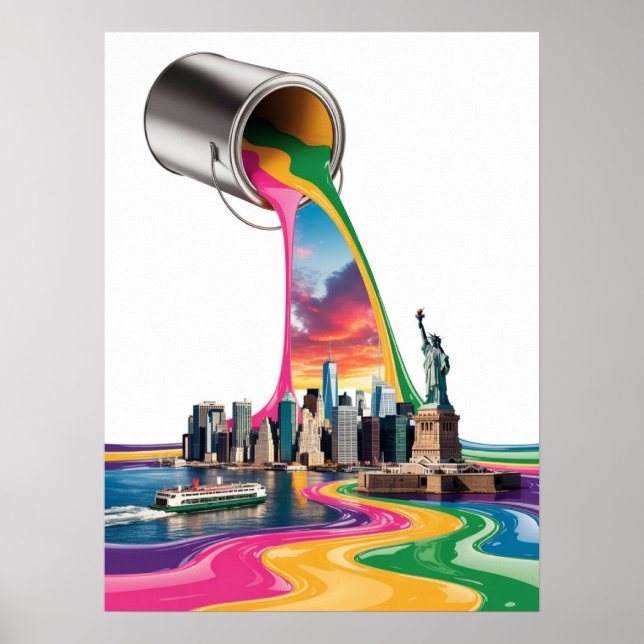 Póster Ciudad de Nueva York Derrame de Pintura Arcoíris C (Frente)