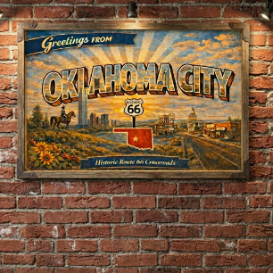 Póster Ciudad de Oklahoma Postal Antigua Ruta 66 Encrucij
