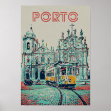Ciudad de Porto con ilustracion de tranvía Portuga