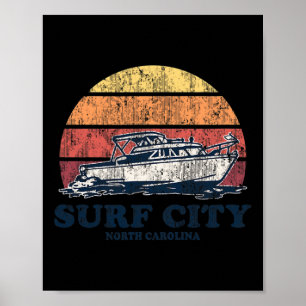 Póster Ciudad de Surf Nc Barcos Antiguos Diseño Retro 70s