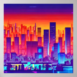 Póster Ciudad de Synthwave/Cyberpunk al atardecer