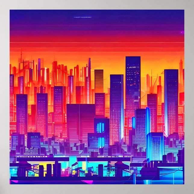 Póster Ciudad de Synthwave/Cyberpunk al atardecer (Frente)