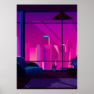 Póster Ciudad de Synthwave Neon: terraza, ático