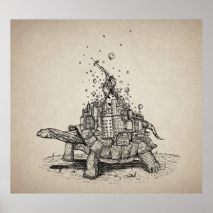Póster Ciudad de Tortoise - ilustracion con lápiz y tinta