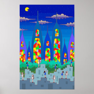 Póster Ciudad de vidrieras en una noche estrellada.
