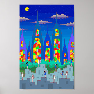 Póster Ciudad de vidrieras en una noche estrellada.