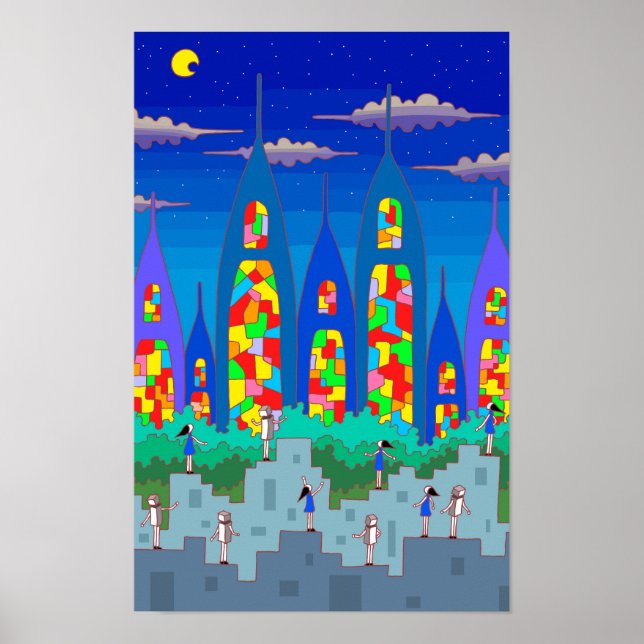 Póster Ciudad de vidrieras en una noche estrellada. (Frente)