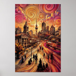 Póster Ciudad del atardecer arremolinado - Torre del ciel