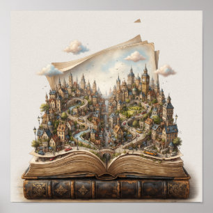 Póster Ciudad en miniatura dentro de un libro abierto – F