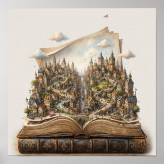Póster Ciudad en miniatura dentro de un libro abierto – F