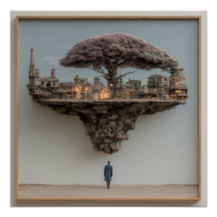 Póster Ciudad en ruinas flotante árbol en flor surrealist