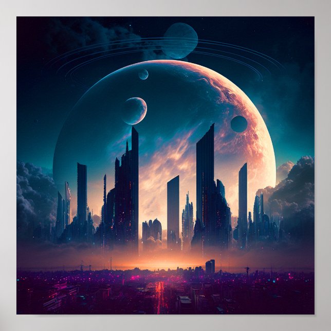 Póster Ciudad espacial Cyberpunk de ciencia ficción (Frente)