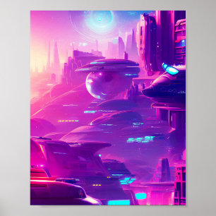 Póster Ciudad futurista con luces de neón