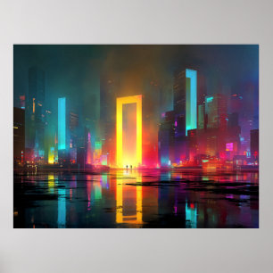 Póster Ciudad futurista con portal de neón radiante