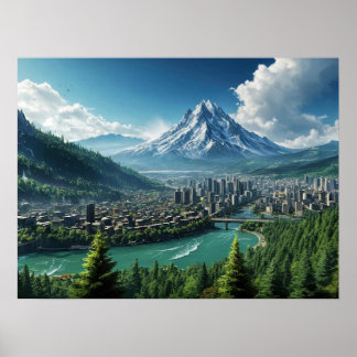 Póster Ciudad Montañosa Brumosa