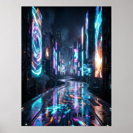 Póster Ciudad Neon Cyberpunk Carretera del Futuro