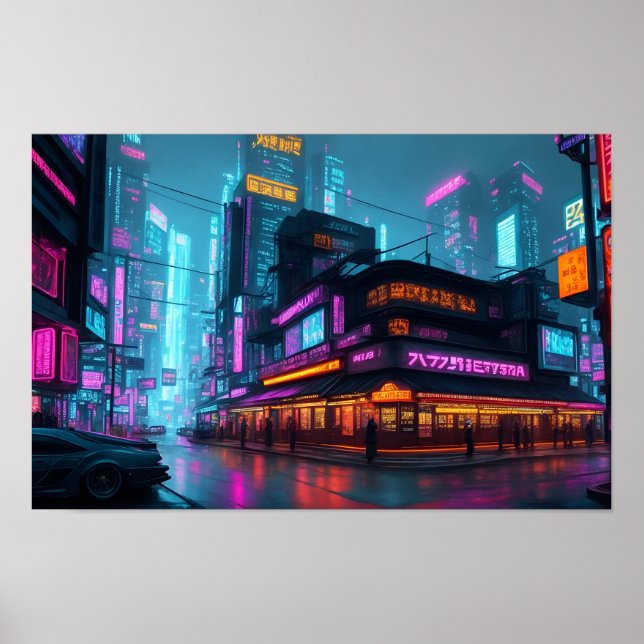 Póster Ciudad nocturna de Cyberpunk (Frente)