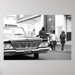 Póster Ciudad Personas Coche Antiguo Monocromo Blanco Y N