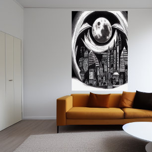 Póster Ciudad por la noche, luna en el cielo Poster de