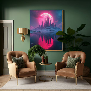 Póster Ciudad retro-futurista alienígena con luna rosa ne