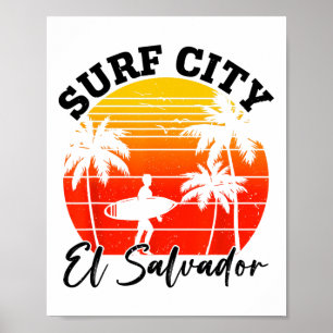 Póster Ciudad Surf El Salvador Atardecer Retro Hombre Muj