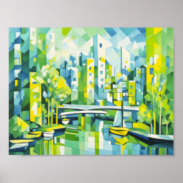 Póster Ciudad verde cubista con puente