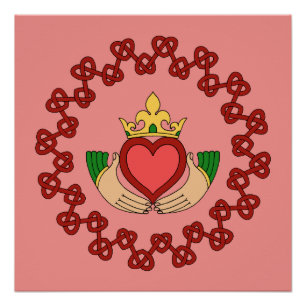 Póster Claddagh y Knotwork rojo en rosa