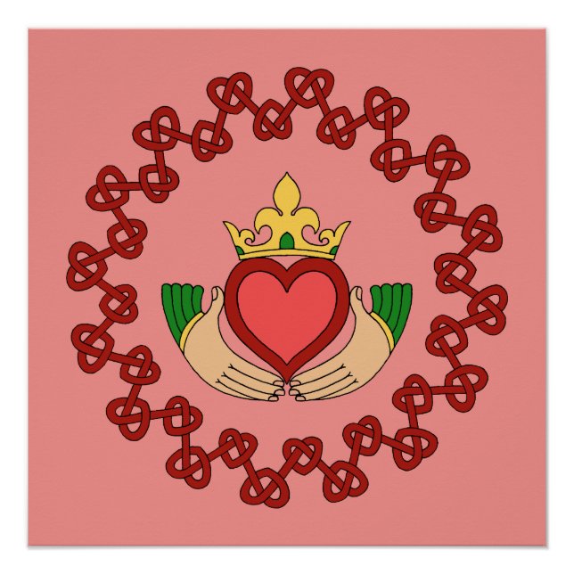 Póster Claddagh y Red Knotwork sobre rosa (Anverso)