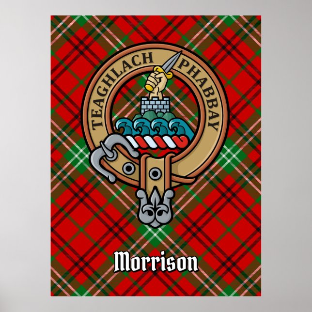 Póster Clan Morrison Escudo sobre Tartán Rojo (Frente)