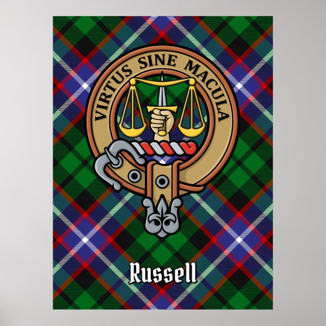 Póster Clan Russell Crest sobre Tartán (Frente)