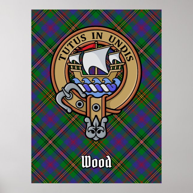 Póster Clan Wood Escudo sobre Tartán (Frente)