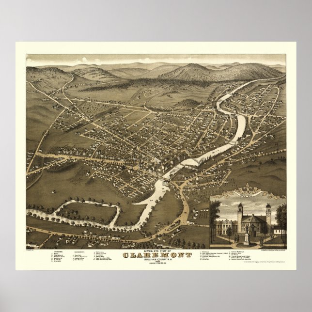 Póster Claremont, NH Panoramic Map - 1877 (Frente)