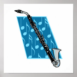 Póster Clarinete bajo con las notas azules del fondo y de