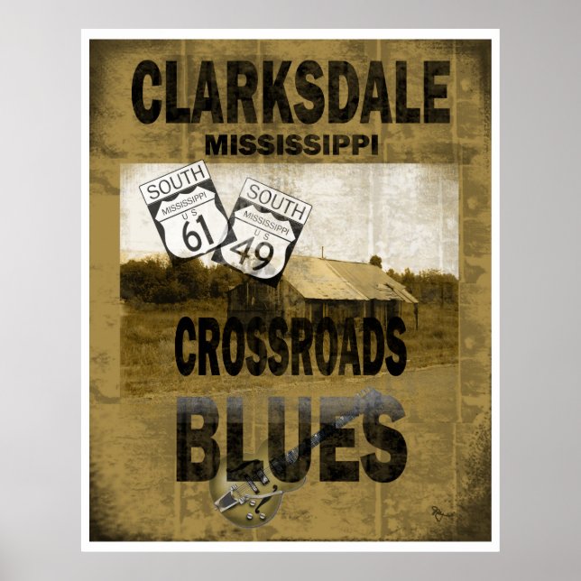 Póster Clarksdale Misissippi Cruza la guitarra azul (Frente)