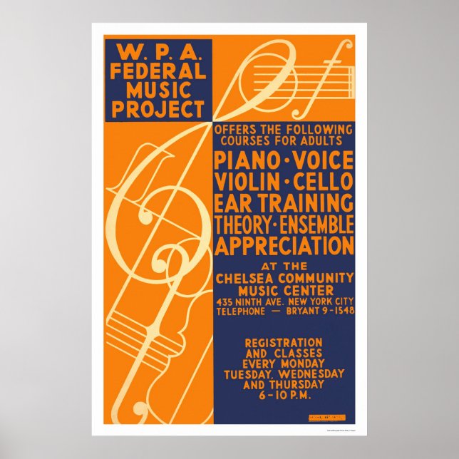 Póster Clases de piano violín 1939 WPA (Frente)