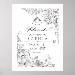 Póster Clásico Blanco Floral de Boda Bienvenida 