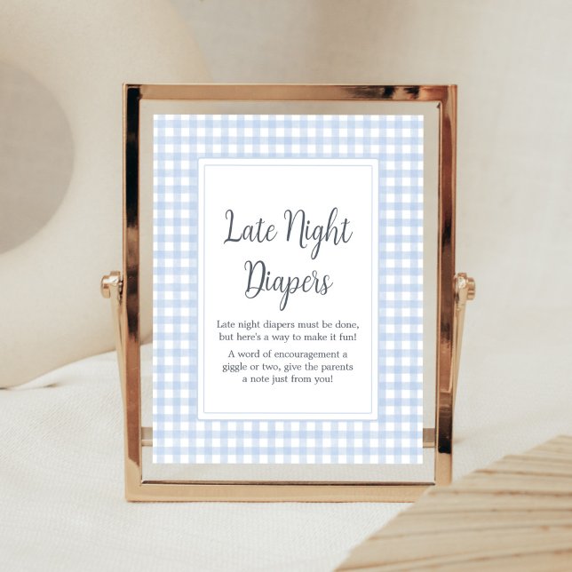 Póster Clásico Blue Gingham Late Night Diapers (Boy Gingham Baby Shower Late Night Diapers Sign)
