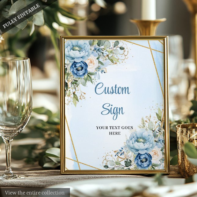Póster Clásico Boda con Marco Dorado y Verde Polvo Azul (Classic Dusty Blue Greenery Gold Frame Wedding Sign)