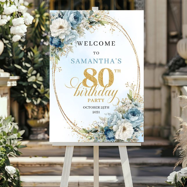 Póster Clásico boho flores azules eucalipto dorado 80º  (Classic boho blue florals eucalyptus gold 80th birthday welcome

)