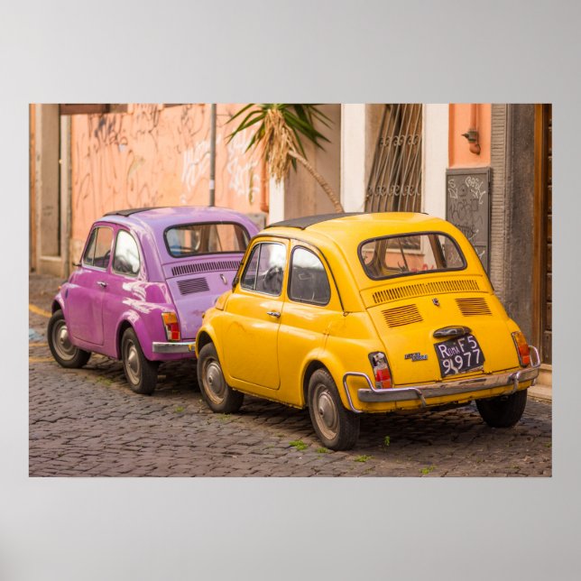 Póster Clásico italiano Fiat 500 coches en Roma Italia (Frente)